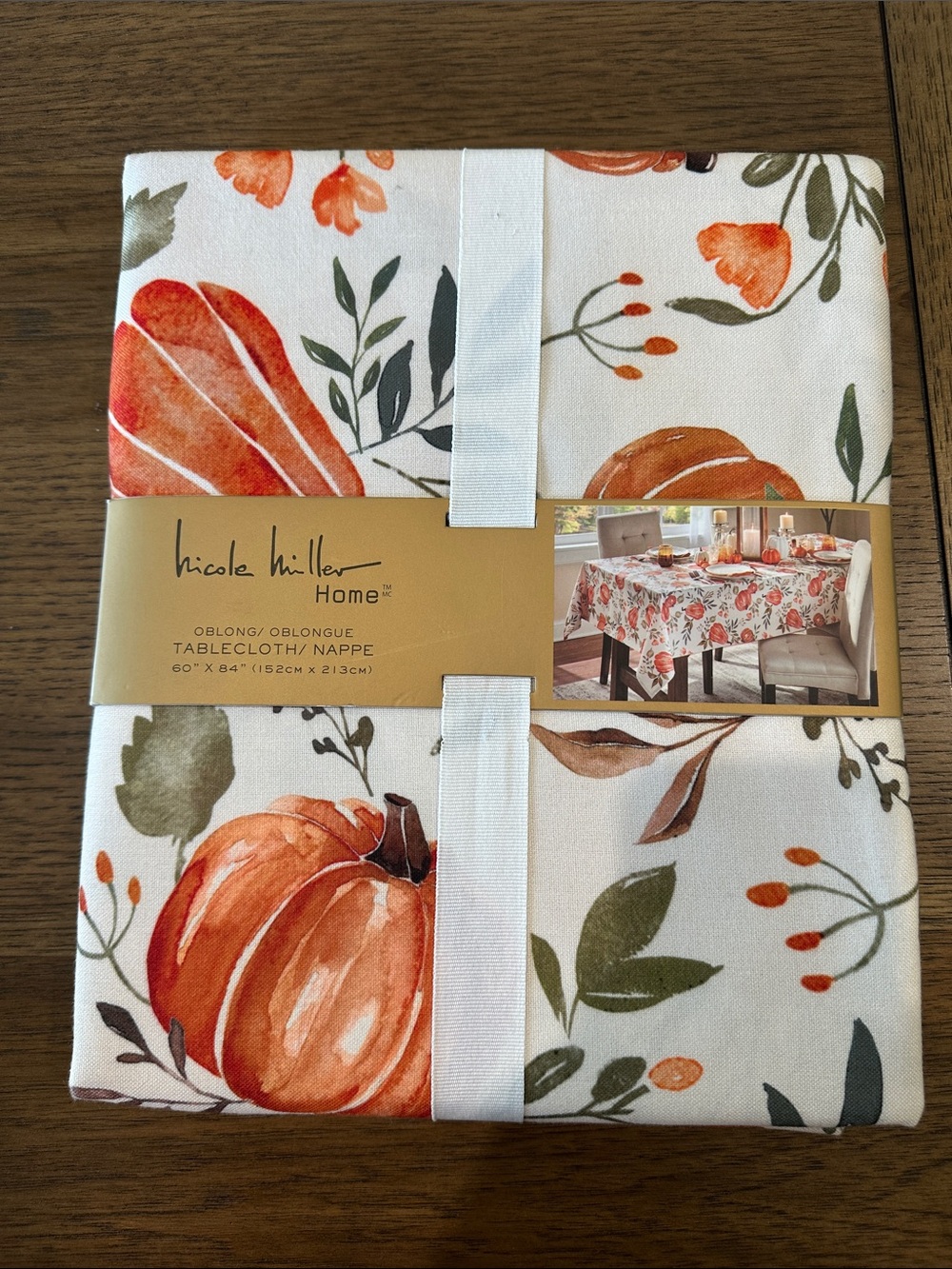 Nicole Miller Fall Harvest Tablecloth with Orange Pumpkins & Green Foliage